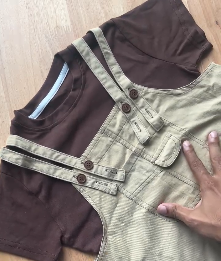 Brown T-Shirt & Beige Pinafore Set