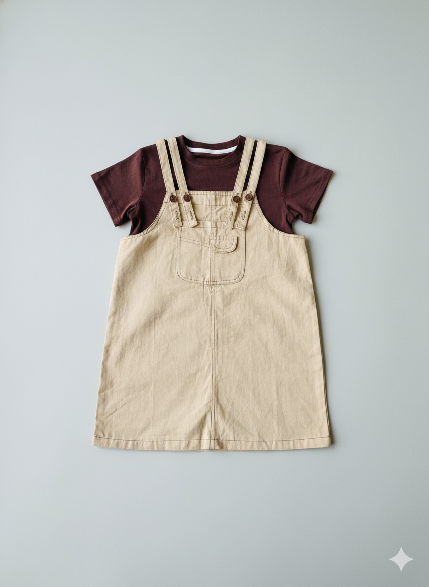 Brown T-Shirt & Beige Pinafore Set
