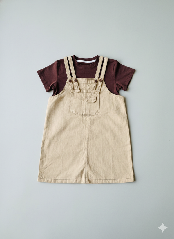 Brown T-Shirt & Beige Pinafore Set